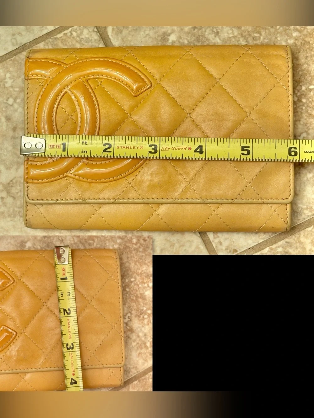 Authentic Chanel Cambon Quilted Leather Short Wallet with Orange interior